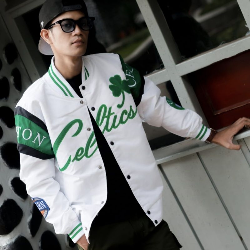 Bomber Jacket Casual Vintage Varsity Basketball Boston Celtics Series Premium Bordir - Akar Official