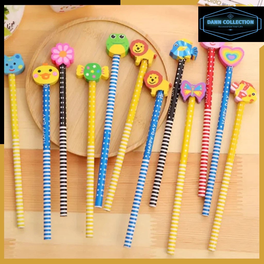

DANN - Pensil Karakter Kartun Cute Motif Garis Polkadot Pensil Karakter Penghapus Pensil Lucu Ada Penghapus 3D Pensil Fancy Unik