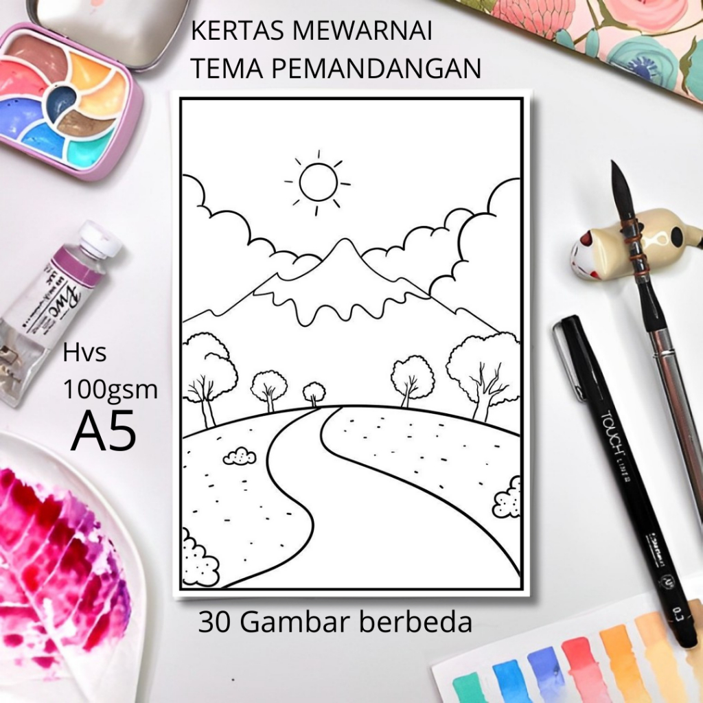 30 Gambar Kertas mewarnai anak / Coloring / Sketa Tema Pemandangan