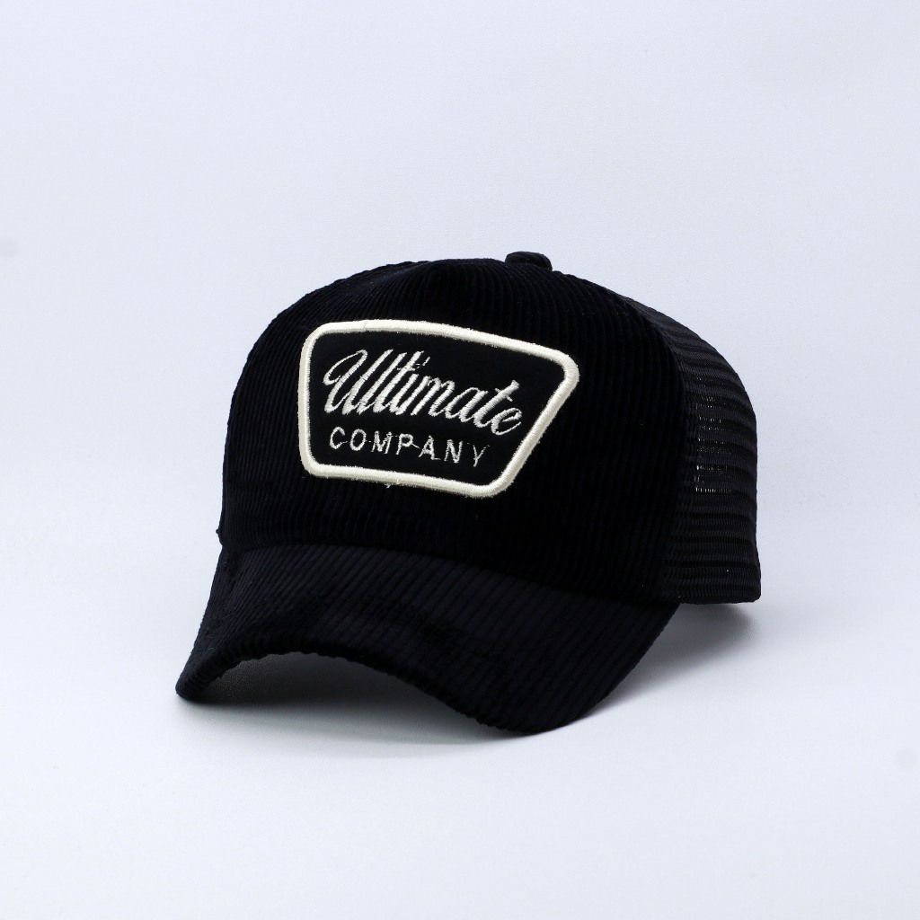 TOPI JARING TRUCKER HAT LIDAH PENDEK BAHAN CORDUROY HITAM VISOR PENDEK ULTIMATE COMPANY