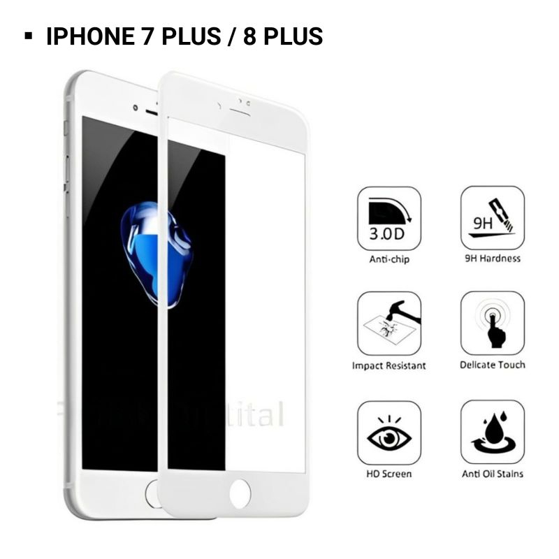 Tempered Glass Iphone 7Plus 7+ 8Plus 8+ Putih Anti Gores Full Cover 9H Full Screen