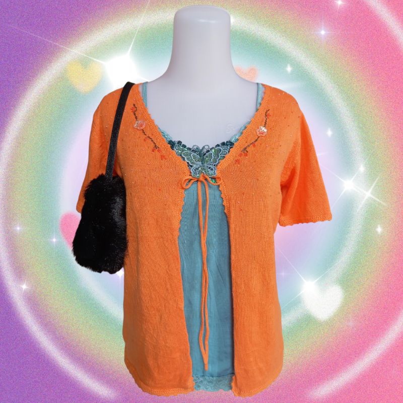 90S FUNKY BEADED CARDIGAN & 00S/Y2K LACE SEQUIN BUTTERFLY TANK TOP