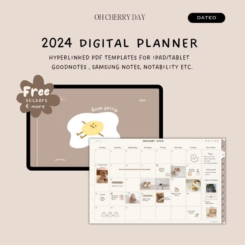 

[T8011] Cookie 2024 Digital Planner - Digital Planner Dated 2024 untuk iPad/Tablet Digital Bujo Bullet Journal Notebook