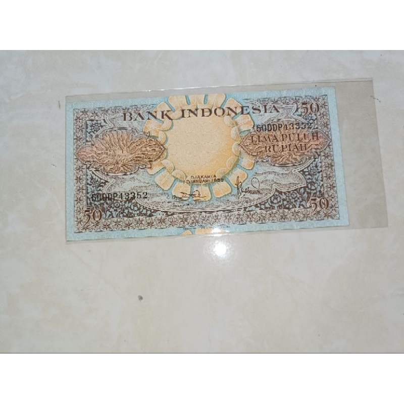 uang 50 / lima puluh rupiah bunga tahun 1959 asli unc