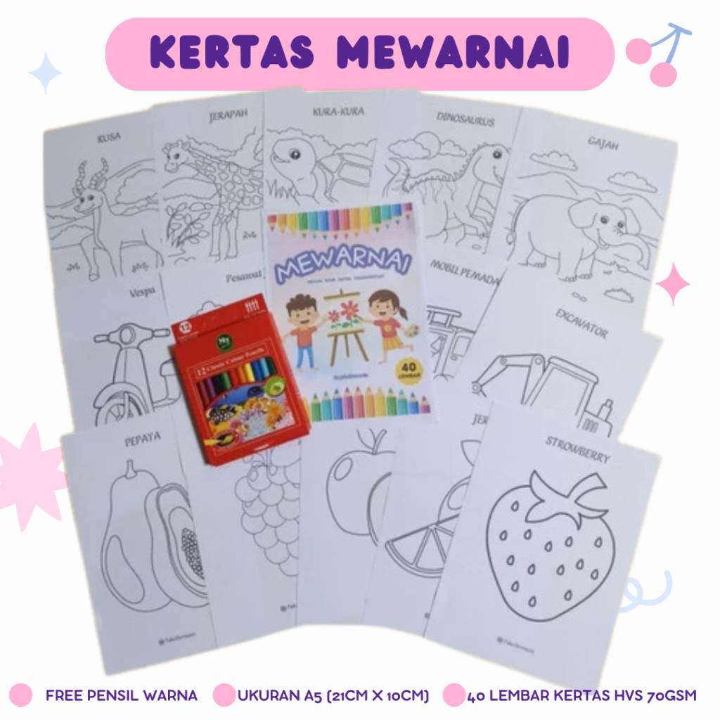 

40 Lembar Kertas Mewarnai A5 (FREE pensil warna kecil) Karakter Tema