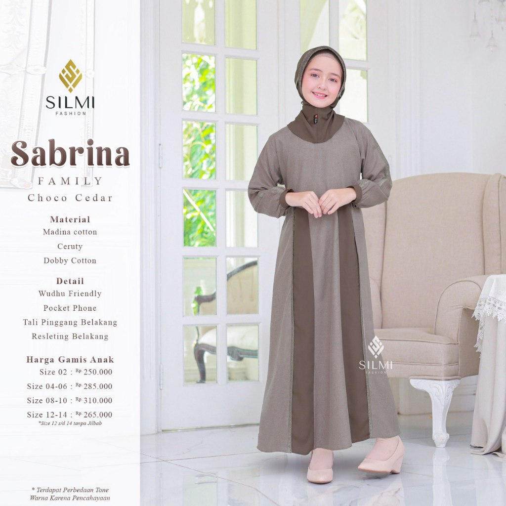 Silmi Sarimbit Sabrina Gamis Anak Perempuan Shappier Blue Choco Cedar Madina Cotton Ceruty Set Hijab