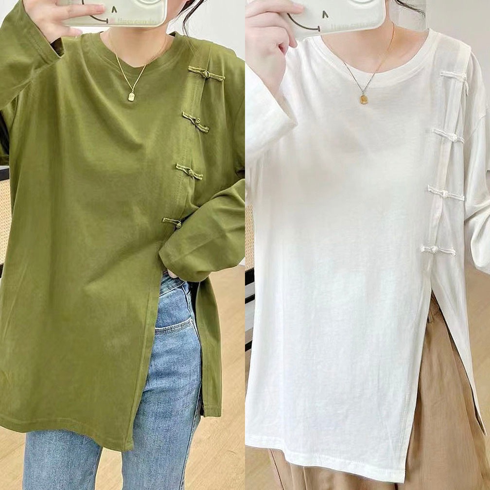 BLUS KAOS WANITA BELAH SAMPING KANCING SHANGHAI PUTIH HIJAU KOREA IMPORT