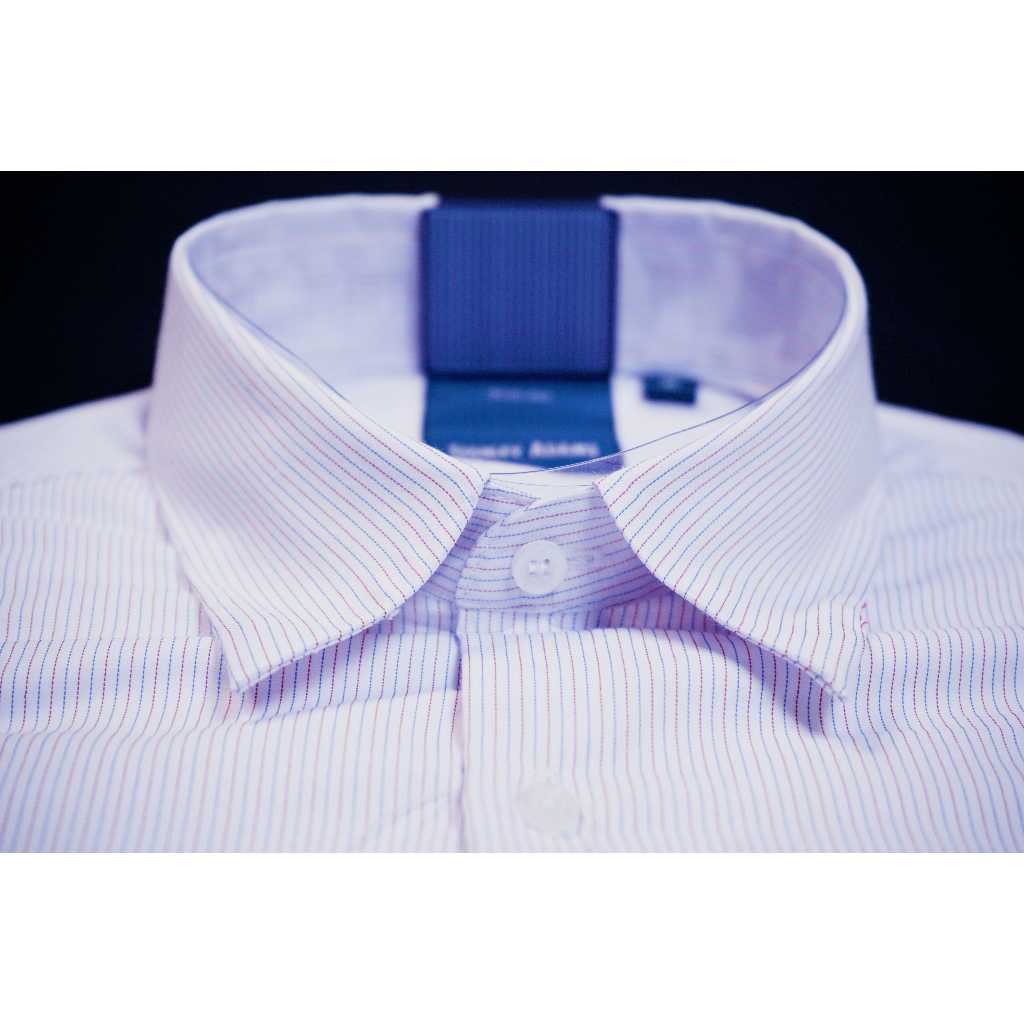 Kemeja Kerja Pria Formal STANLEY ADAMS Lengan Panjang Slim Fit Putih Motif Garis Merah Biru