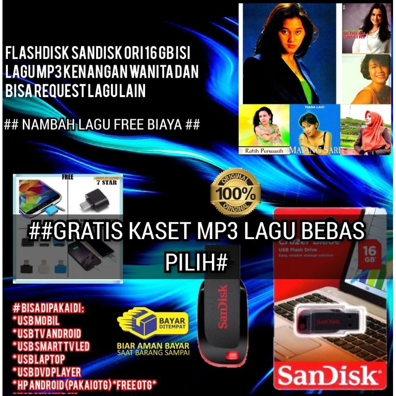 FLASHDISK ISI 500 LAGU MP3 UNTUK MOBIL LAGU KENANGAN 70 80AN TERLARIS-FLASHDISK SANDISK ORIGINAL 16F