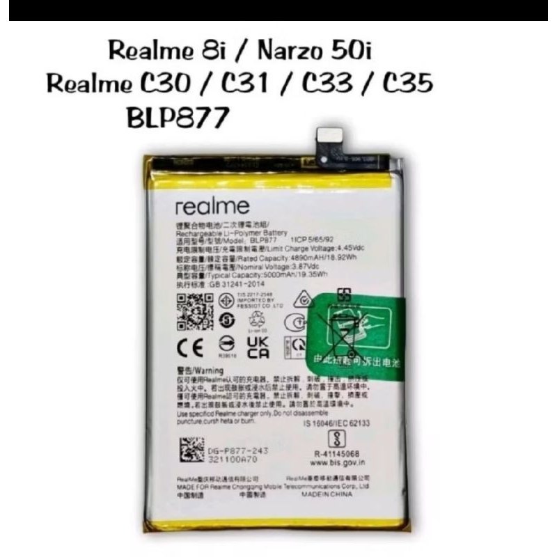 Baterai Realme blp 877:  Realme C30 & C35 Ori