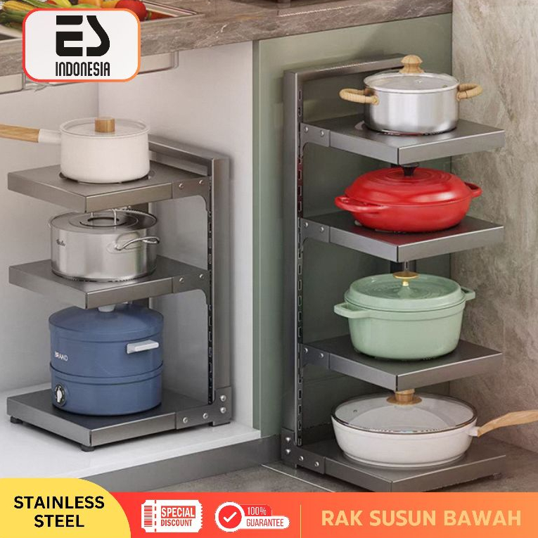 ESINDO Rak Susun Bawah Wastafel Rak Tingkat Beroda Rak Penyimpanan Adjustable Peralatan Rumah Dapur