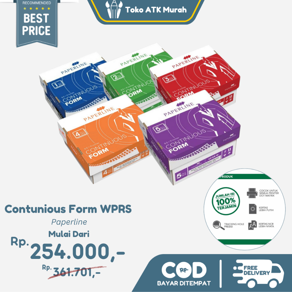 

Continuous Form Paperline 9.5" X 11":2 / PRS 1 Ply (K1 PRS) / 2 Ply Warna (K2 W PRS) / 3 Ply Warna (K3 W PRS) / 4 Ply Warna (K4 W PRS) / 5 Ply Warna (K5 W PRS) Kertas Komputer
