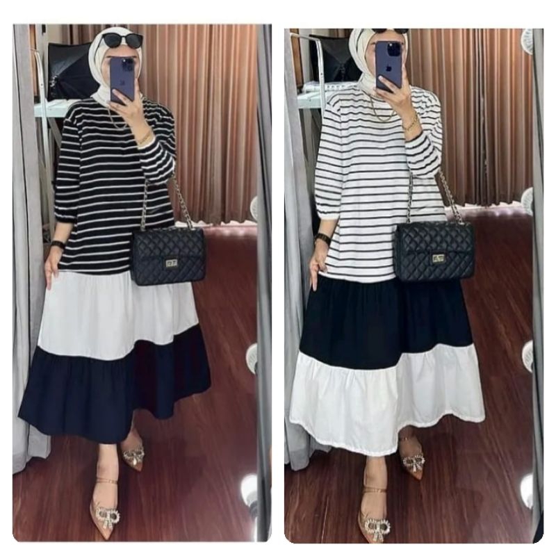 gamis Yura salur hitam putih putih hitam terbaru kekinian