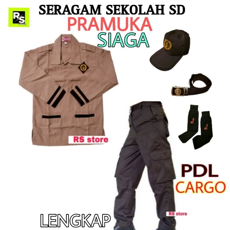 Setelan Seragam Sekolah SD Pramuka Siaga Baju Panjang Celana PDL Cargo Lengkap