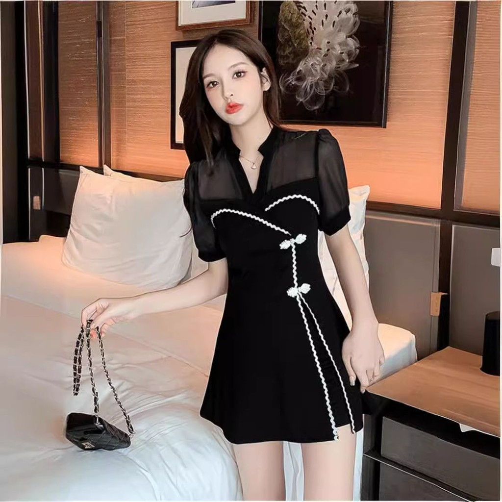 Improved Cheongsam Dress Women's Summer Black Shorts Two-Piece Set