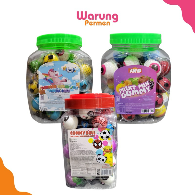 

Fruit Mix Gummy Permen Lunak Bulat JND 50 Pcs / Permen Lunak Jeli Aneka Rasa Bike Boy 50pcs / Permen Lunak Gummy Ball Hoopie 50pcs / Permen Mata Jelly Halal 1 Toples Rasa Buah