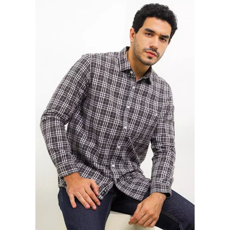 Cotton Checked Shirt KLL535  Kemeja lengan panjang motif kogak hitam abu LOIS ORIGINAL PRIA
