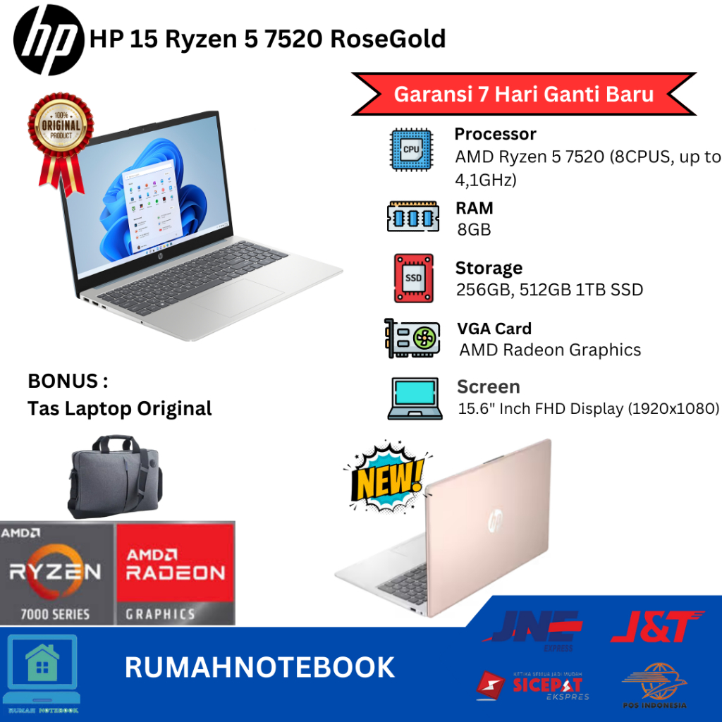 Laptop Baru Hp 15 fc  Ryzen 5 7520 4.3GHz RAM 8,   SSD 256GB, 512GB