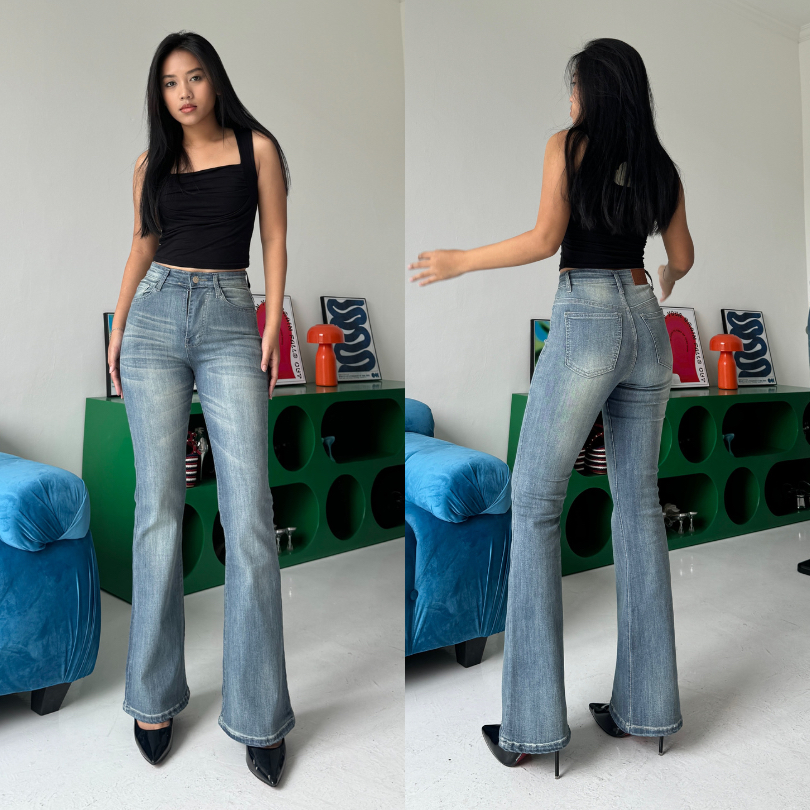 LADOUCE - Victoria High Waist Cutbray Jeans Black Celana Panjang Flare Wanita Hitam
