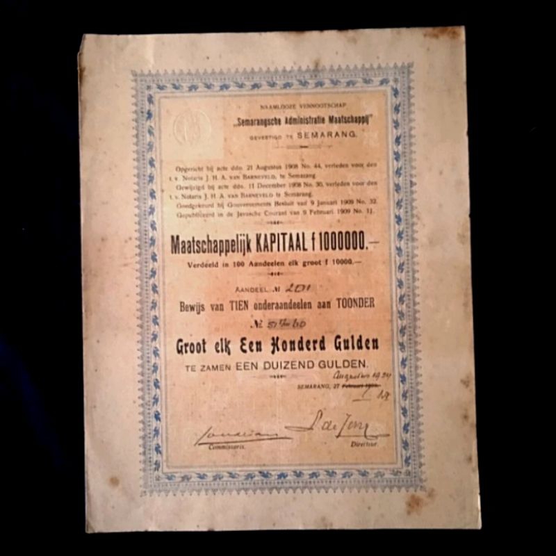 

Antik Surat Obligasi Tua SEMARANG ADMINISTRATIE MAATSCHAPPIJ 1908