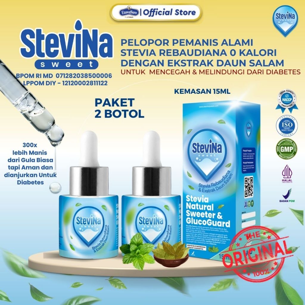 

Stevina Sweet Pemanis Stevia Alami 0 Kalori plus Herbal Daun salam Pengganti Gula membantu kadar gula tetap stabil Kemasan 2 botol 15ml/botol