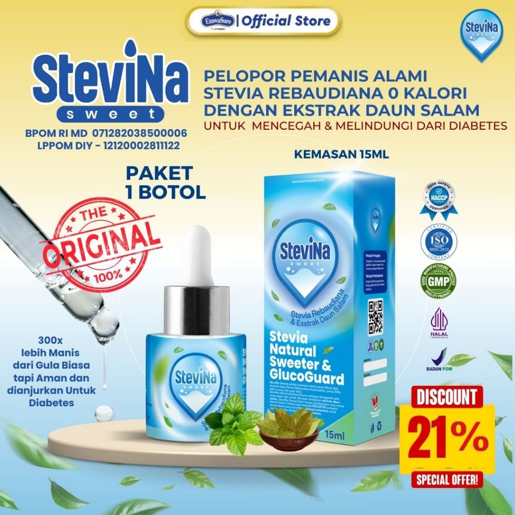 

Stevina Sweet Pemanis Stevia Alami 0 Kalori plus Herbal Daun salam Untuk Fungsi Insulin Pengganti Gula 1 Botol 15ml