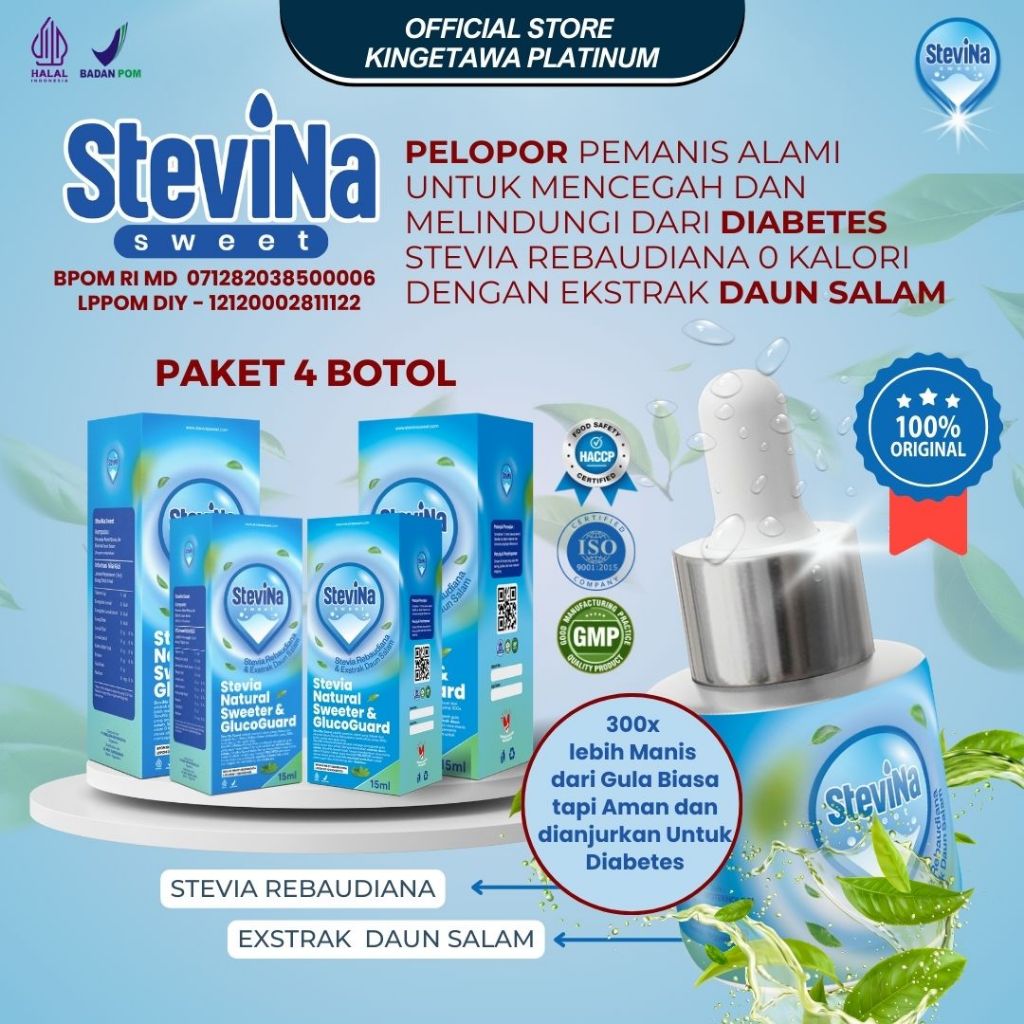 

Stevina Sweet Pemanis Alami 0 Kalori plus Herbal Daun salam Pengganti Gula Untuk Kesehatan Jantung 4 Botol 15 ml