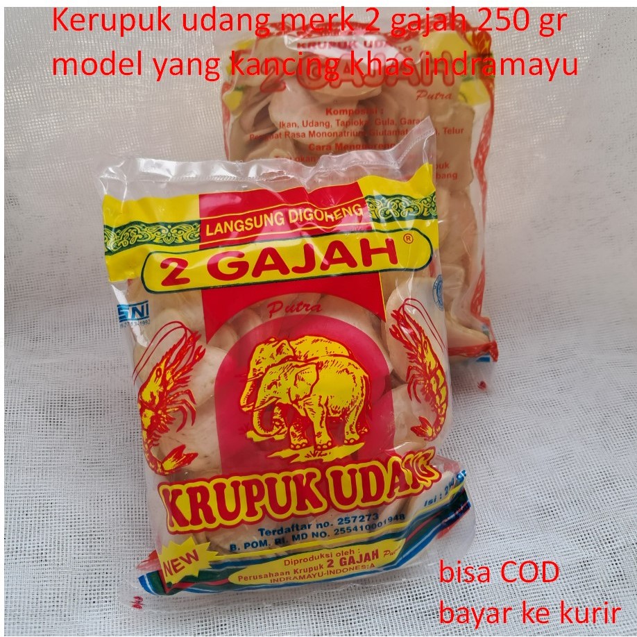 

Kerupuk udang merk 2 gajah 250 gr model yang kancing khas indramayu