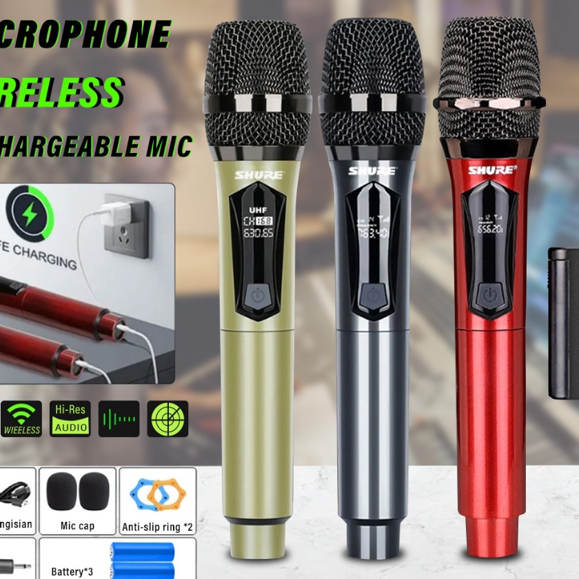 KP8 SHURE 32 Mic Wireless Advance mic Karaoke tanpa kabel UHF Mikrofon Genggam LED Double Dital Mikr