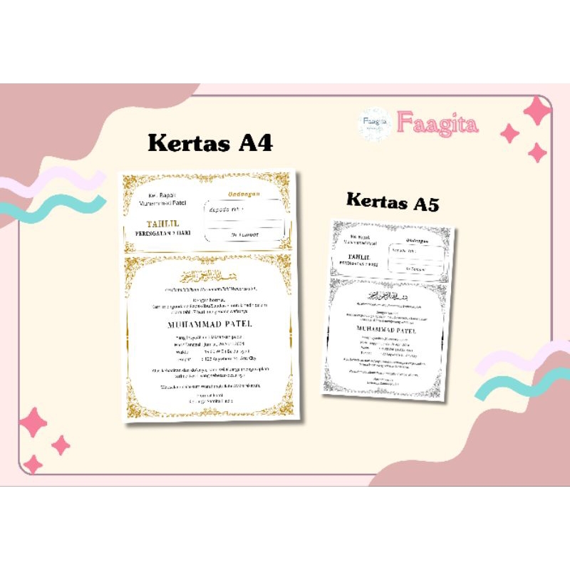 Undangan Tahlil A4/A5 40/100/1000 hari custom Berwarna dan Hitam Putih