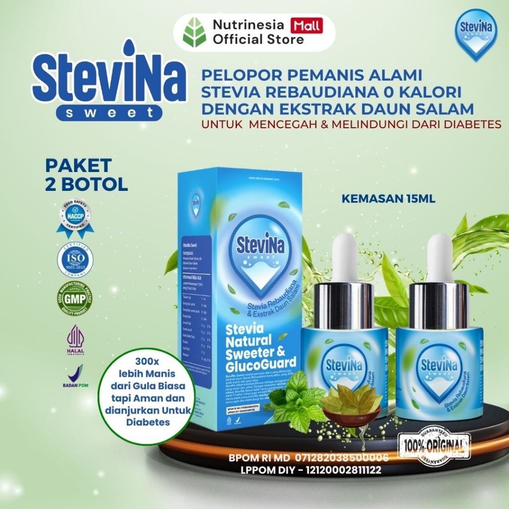 

Stevina Sweet Pemanis Alami 0 Kalori plus Herbal Daun salam Pengganti Gula membantu kadar gula tetap stabil Kemasan 2 botol 15ml/botol