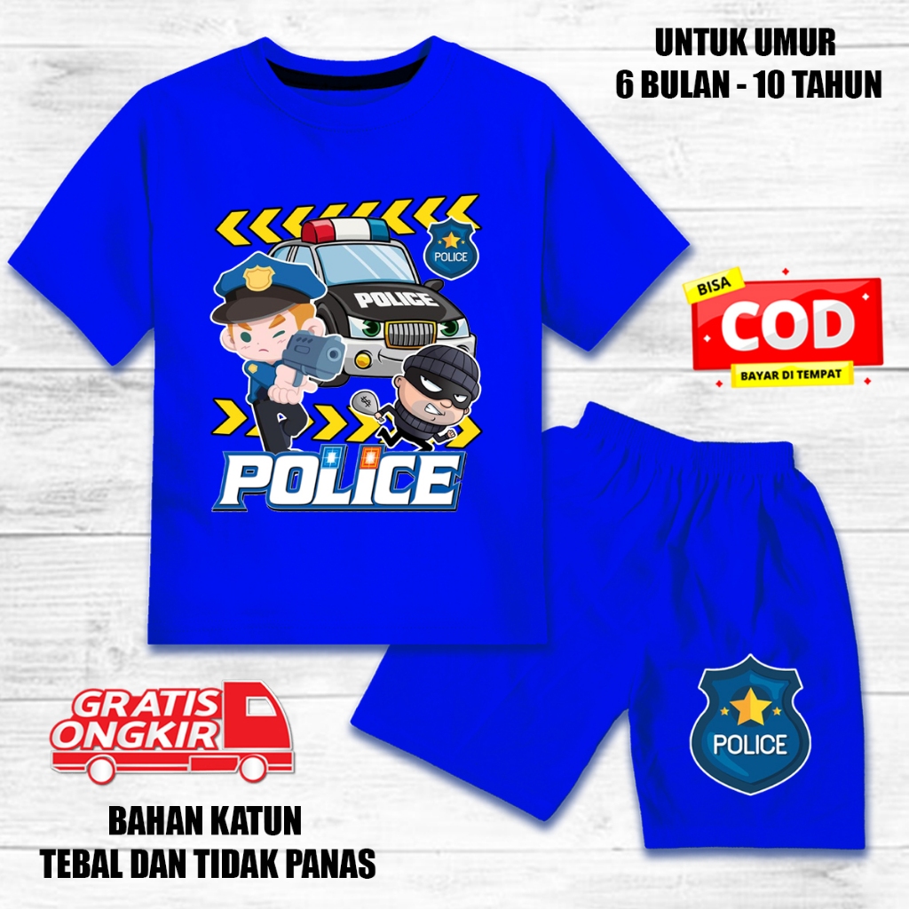 Setelan anak laki laki perempuan lengan pendek set baju kaos pendek anak katun motif polisi