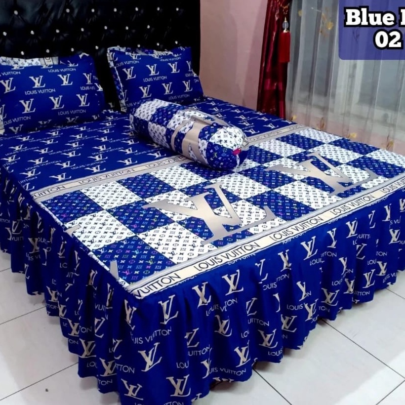 Promo banting Sprei Rumbai Lv biru KingQueenDoubleSingle Bahan katun Free 2 sarung bantal 2 sarung g
