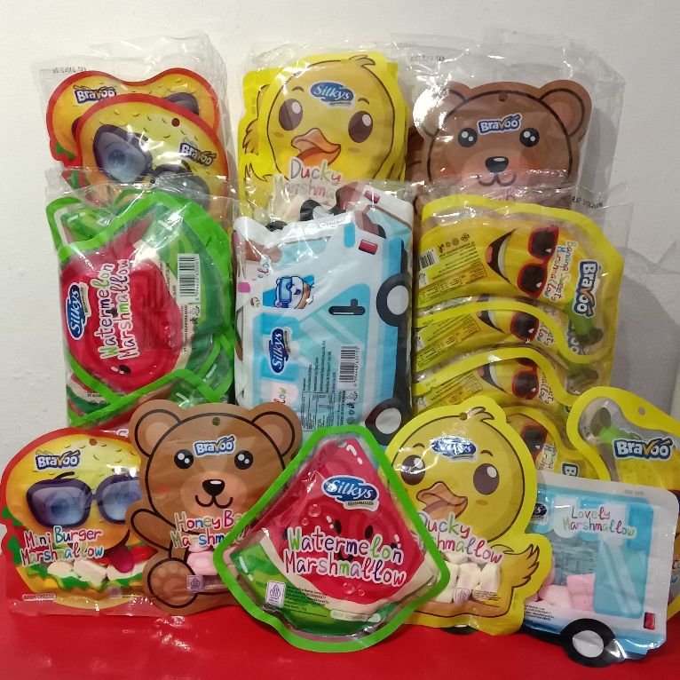 

MARSHMALLOW KARAKTER BRAVOO DAN SILKYS MINIBURGER/BANANA/HONEY BEAR/BEBEK/SEMANGKA/LOVE ISI 10 PCS