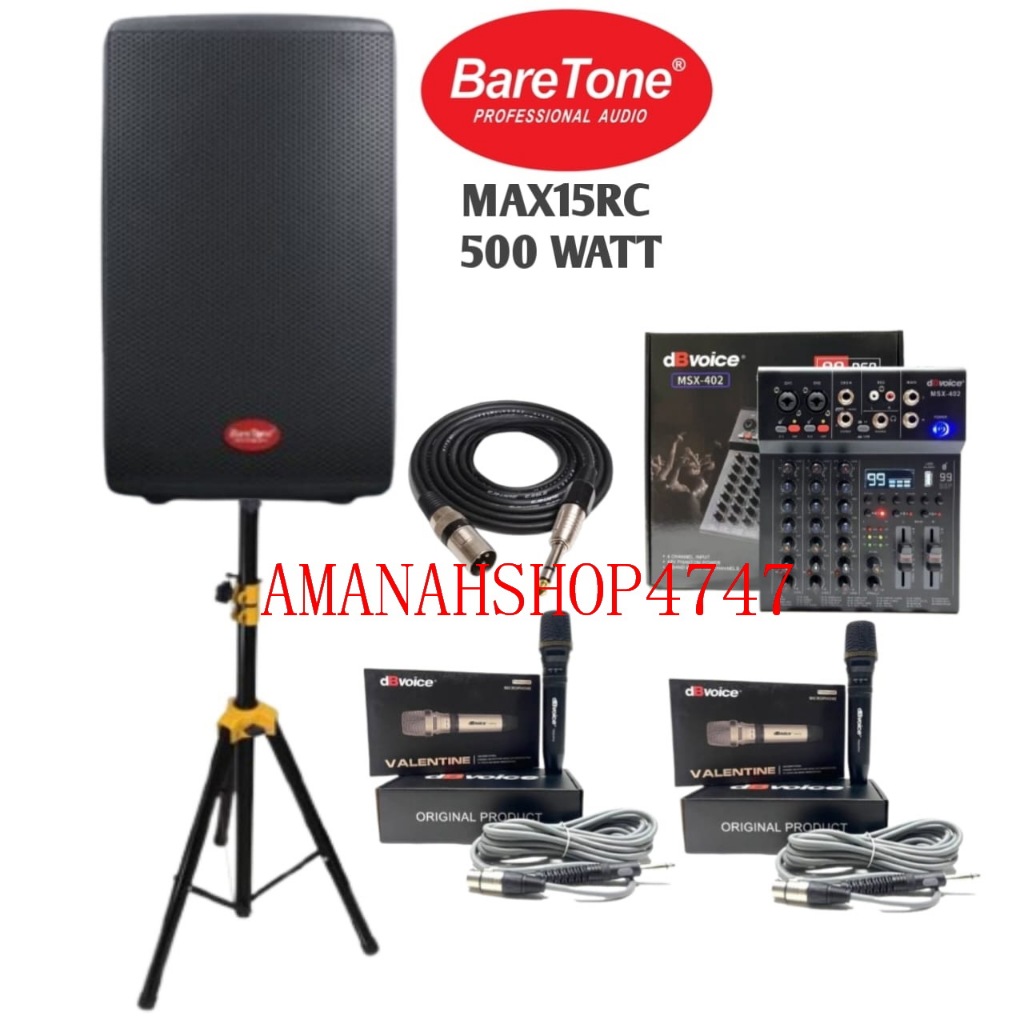 Paket Speaker Aktif BareTone MAX15RC Original 15 Inch 500 Watt Komplit Mixer + Mic kabel + Stand + k