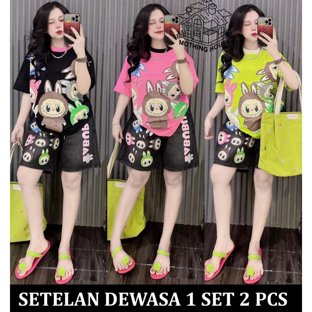 Setelan Dewasa 1 Set 2 pcs lbr labubu atasan kaos bawahan celana baju la bu bu santai rumahan tidur 