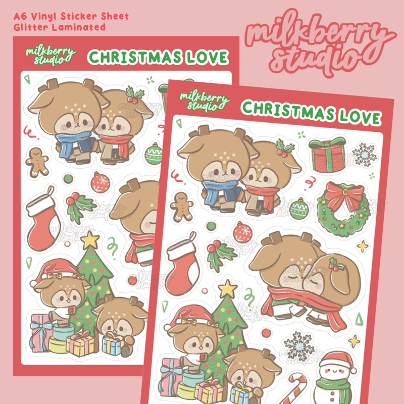 

[milkberry studio] Bonnie and Lola Christmas Love Sticker Sheet Glitter Matte Vinyl Deco Sticker / Stiker Journal Dekorasi Natal Cute Lucu Waterproof Anti Air