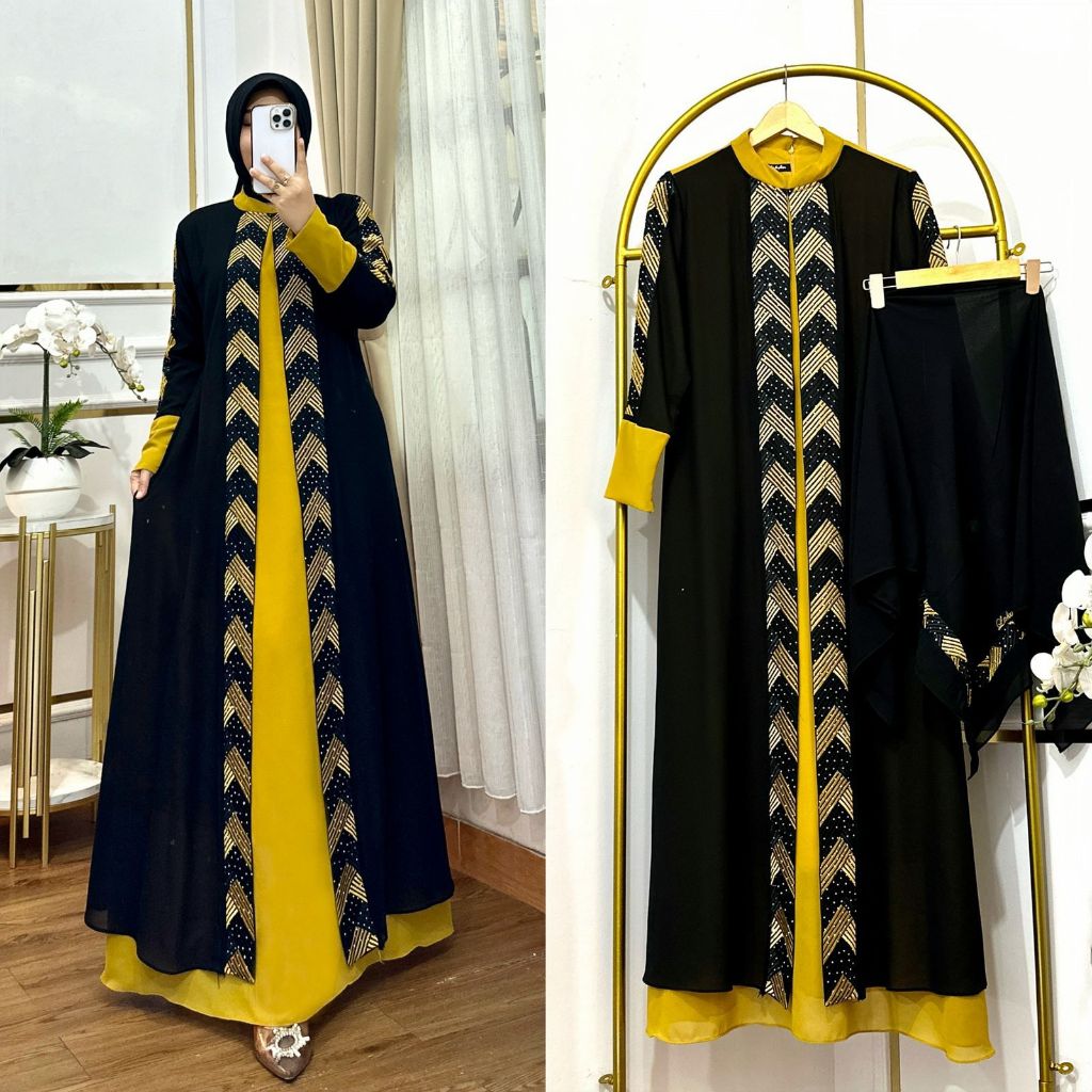 Qiqi Colection Gamis Kombinasi Set Hijab Model Dua Layer Dress Muslim Wanita Terbaru 2025 Kekinian