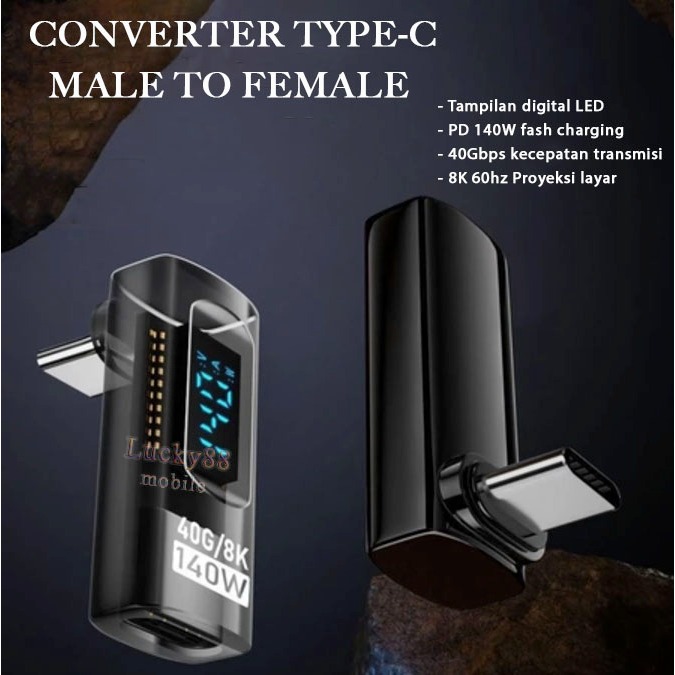 Converter Type C Male To Female Dengan Tampilan Cerdas LED Pemantau Daya Fash Charging PD 140W Kecep