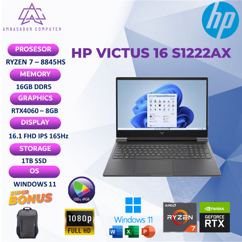 Hp Victus 16 S1222AX Ryzen 7 8845HS RTX4060 8GB 16GB 1TB Full HD 165Hz 100SRGB Windows11 OHS