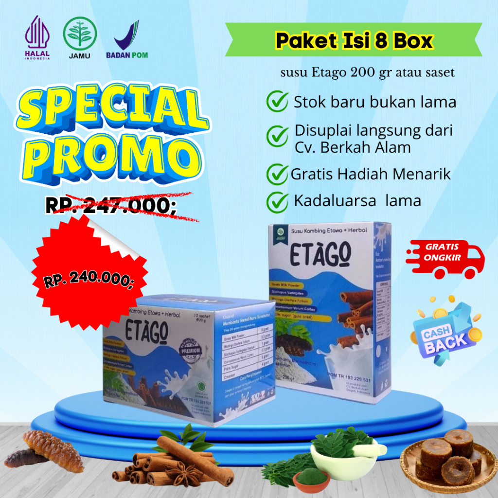 

ETAGO Paket 8 box Susu Etawa+Herbal Dengan Gula Aren. Membantu Mengurangi Keluhan Tulang & Sendi