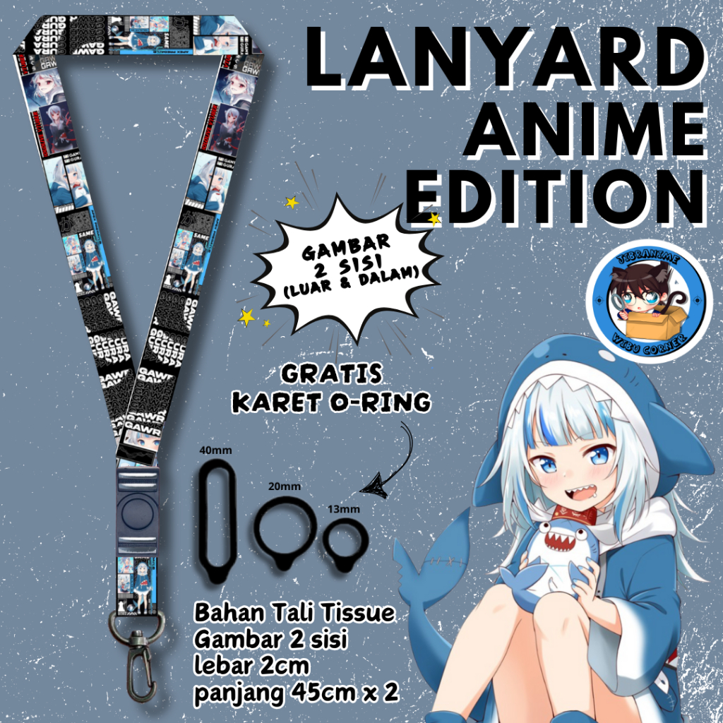 

Lanyard Panjang Anime 2 Sisi / Garw Gura Hololive / gantungan kunci layard keychain