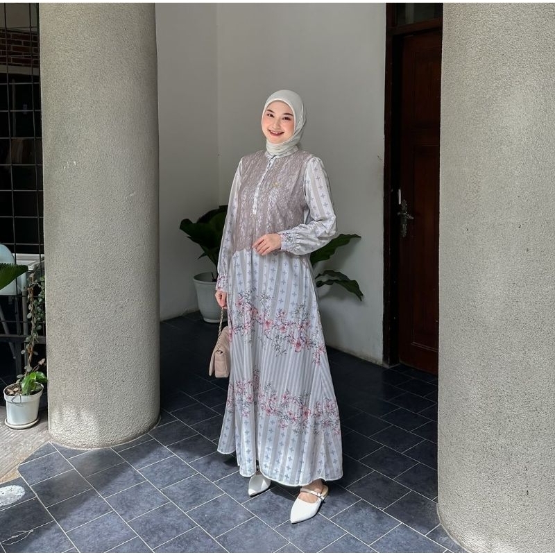 ALISYA DRESS ORI BY HMF Gamis Brokat Motif Bunga murah