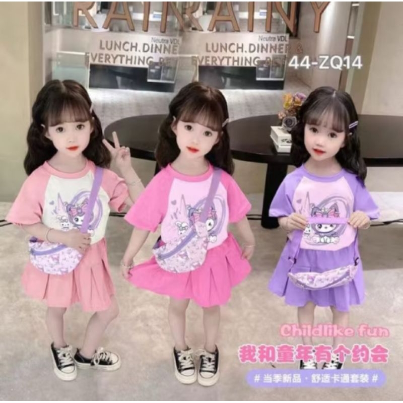 Set Rok Plisket Kuromi HONE BABY Anak Perempuan Import Premium + tas selempang 1-5 taun