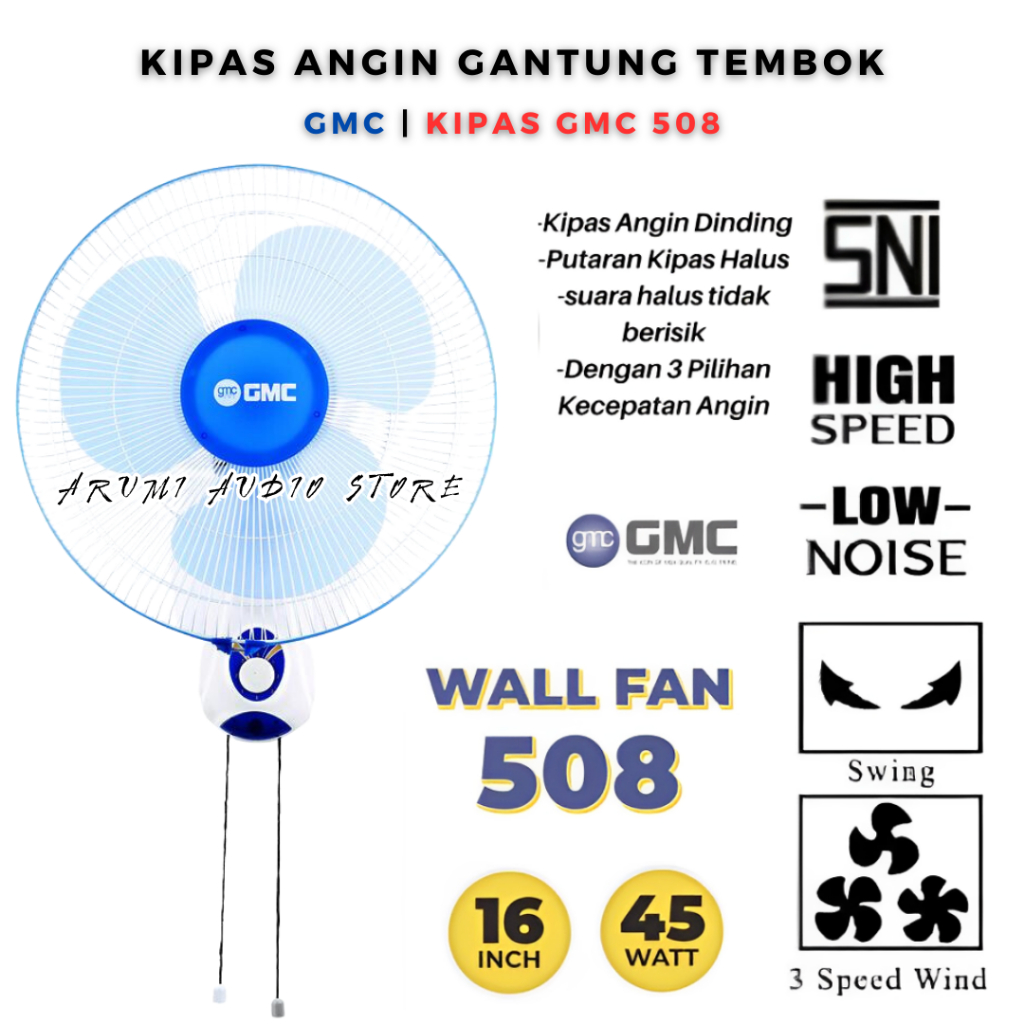 Gmc 508 Wall Fan 16 Inch Kipas Angin Dinding - Gantung Tembok - Tarik - Gmc 508 | Gmc 508 Wall Fan 1