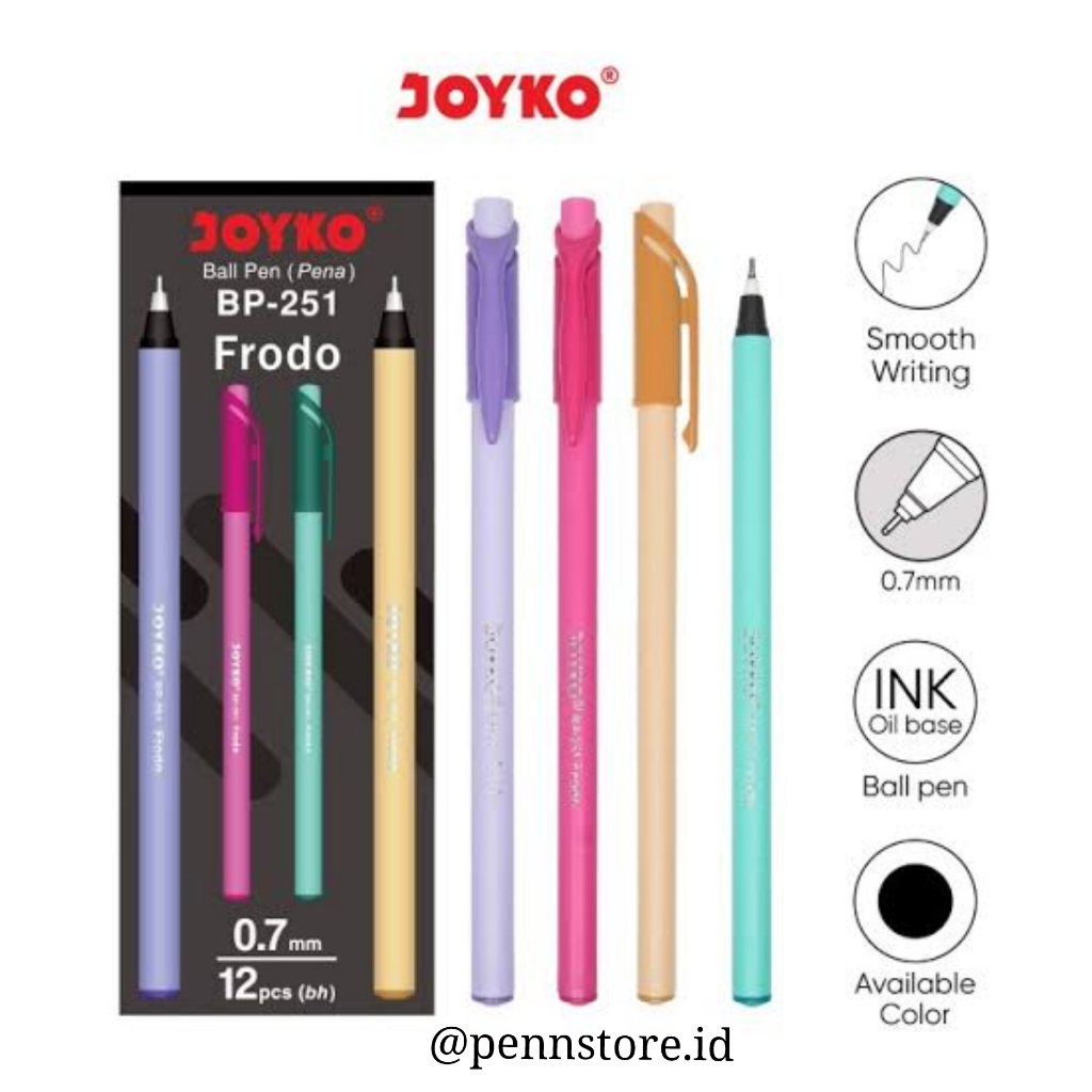

(Pack = 12 pcs) Pulpen Joyko Frodo BP-251 Hitam / Pen Body Warna / Bolpen Ulir / Pen Murah