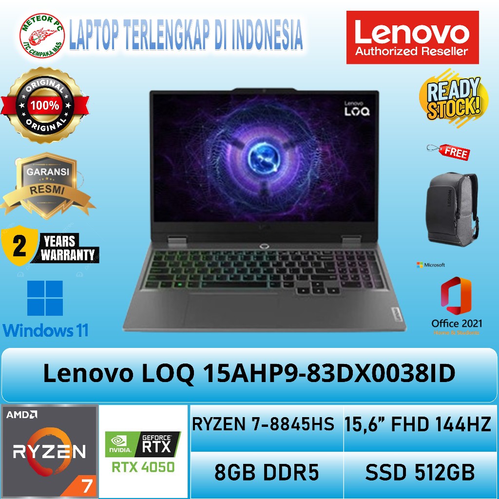 Lenovo LOQ 15AHP9-38ID /Ryzen 7-8845HS/8GB/512GB SSD/RTX4050 6GB/15.6″ FHD 144Hz/Win 11 Home+OHS 202