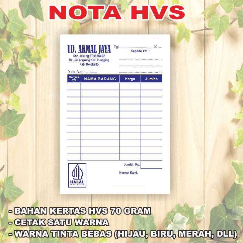 

Cetak Nota/ Kwitansi Custom/Surat Jalan HVS putih-- 1 rim