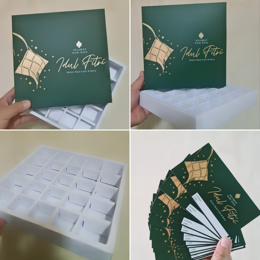 

5 Pcs Dus Packaging Hampers Kue Nastar Edisi Idul Fitri Kotak Eggtart Sekat 25 Desain Ketupat Ukuran 21.5 x 21.5 cm x 3.5 cm