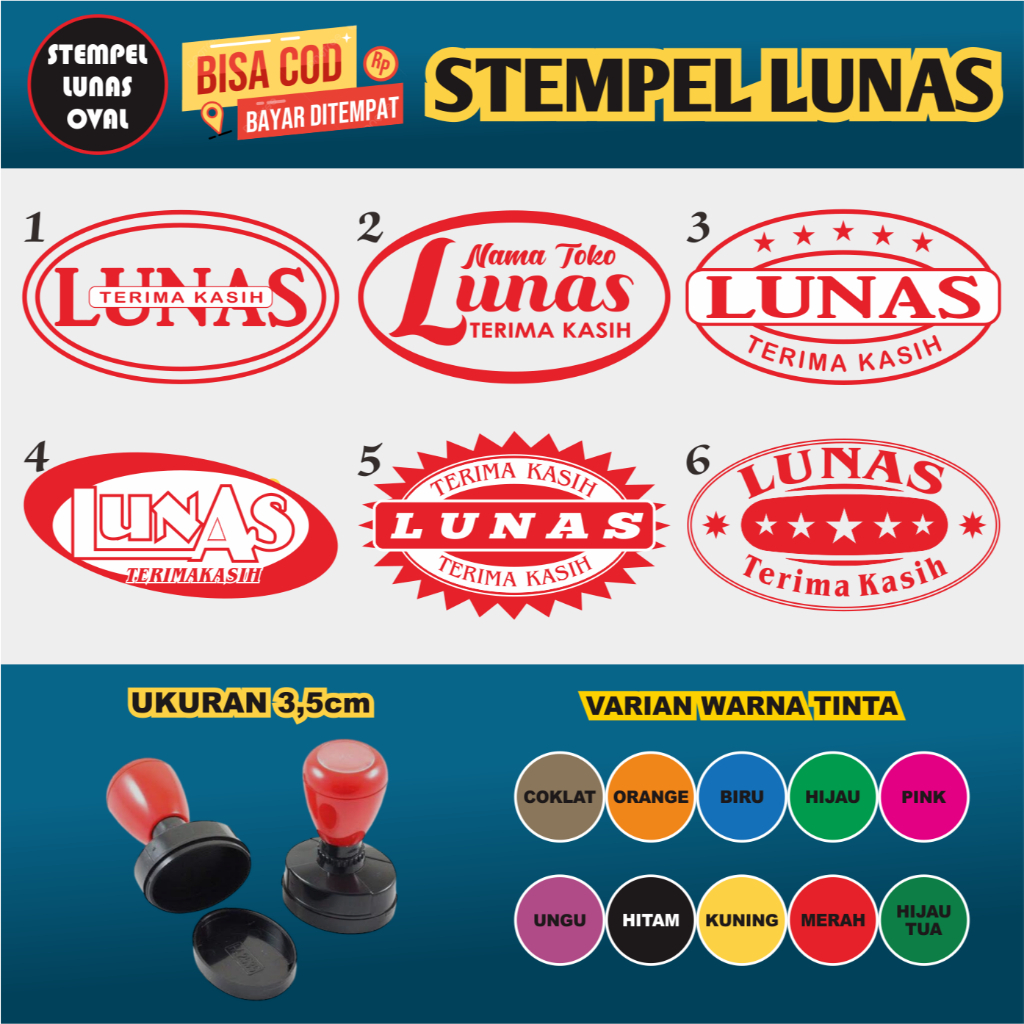 

Stempel LUNAS OVAL Desain Bebas Pilih Stempel Flash Otomatis Tanpa Bantalan - Ukuran 3,5 CM